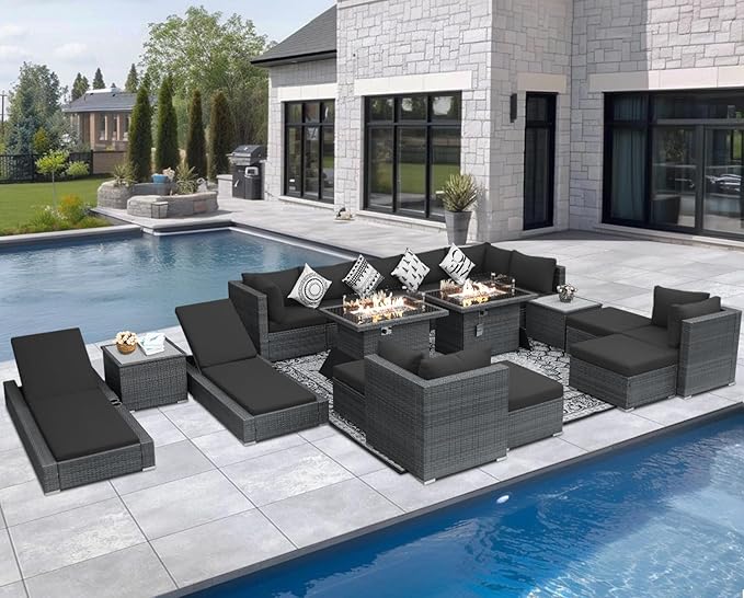 NICESOUL 18 Piece Outdoor Patio Furniture Set with Fire Pit, Large Size 14-Person Outdoor Sectional with Fire Pit & Chaise Lounge, 500 lbs Heavy Duty All-Weather Backyard Sitting Group, Grey