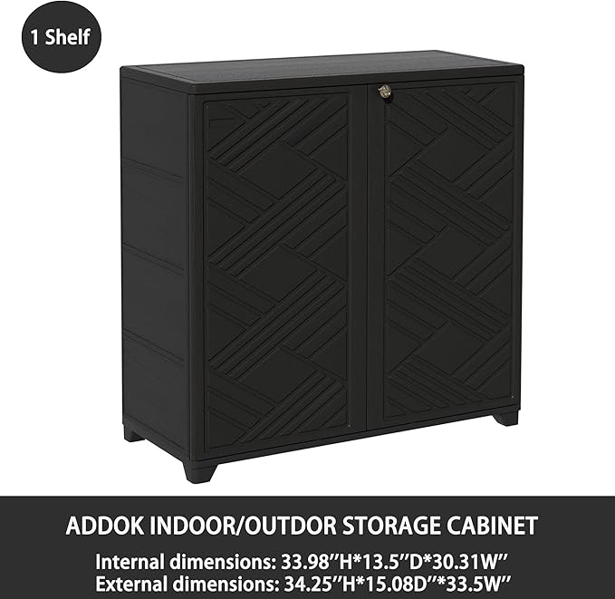 ADDOK Indoor Outdoor Plastic Storage Cabinet 34"x15"x34" with 1 Shelf, Outdoor Storage Shed for Living Room, Hallway, Balcony, Garage, Garden,Black