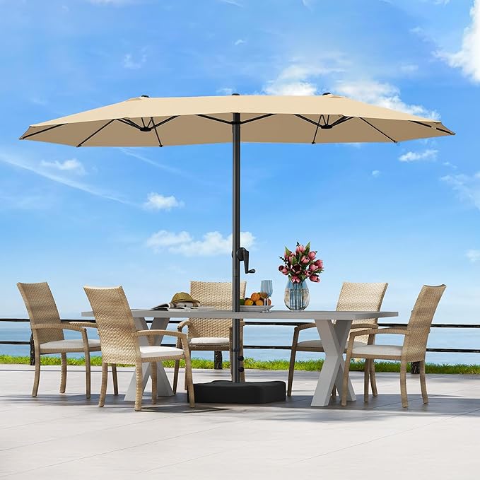 OLILAWN Patio Table Umbrella, 15ft Large Deck Umbrella with Base Included, Outdoor Double-Sided Rectangle Market Umbrella with Aluminium Crank, 12 Sturdy Ribs, for Deck Porch Garden, Cream