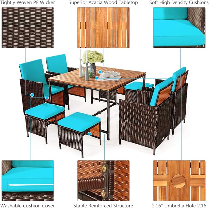Tangkula 9 Pieces Acacia Wood Patio Dining Set, Space Saving Wicker Chairs and Wood Table with Umbrella Hole Outdoor Furniture Set, Suitable for Garden, Yard, Poolside, Outdoor Seating Set