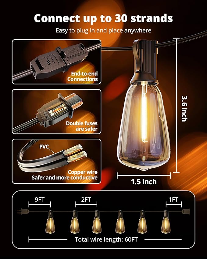 VIPAR Outdoor String Lights 60FT LED Patio Lights LED Waterproof with 26+2 Shatterproof ST38 Edison Bulbs, 2700K Connectable Outside Hanging Light for Porch, Garden, Backyard, Deck, Balcony, Decor