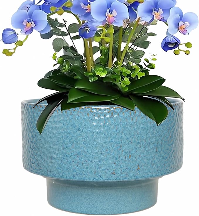 Ceramic Planters 13 Inch, Honeycomb Ceramic Pots for Plants Indoor Outdoor, Round Plant Pot with Drainage Hole, Large Planter Flower Pot, Reactive Glaze Blue