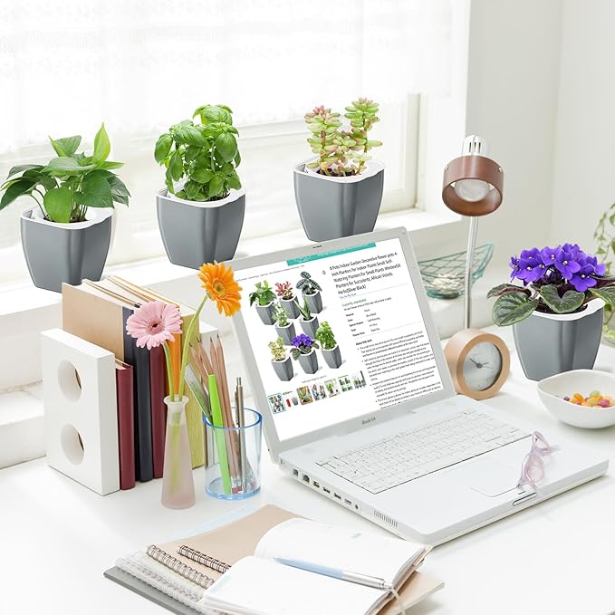 8 Pack 4-inch Plant Pots Indoor Garden Decorative Flower pots Small Self-Watering Planters for Small Plants WindowSill Planters for Succulents, African Violets, Herbs(Sliver Black)