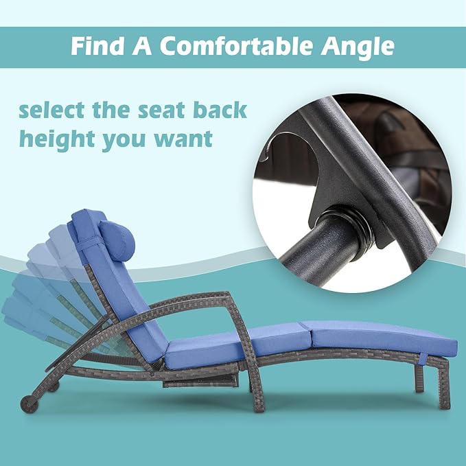 Chaise Lounge Chairs Outdoor Set of 4, Comfy Outside Wicker Patio Pool Lounge Chair w/ 5 Adjustable Back Angle, Cup Holder, Thicken Cushion