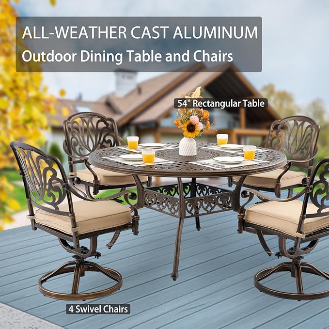 5-Piece Cast Aluminum Patio Furniture, Patio Dining Set for 4 Include 54" Round Outdoor Dining Table and 4 Swivel Chairs with Cushions & Umbrella Hole (Bronze)
