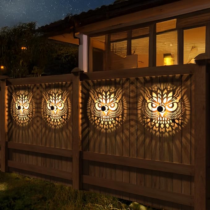 4 Pack Solar Fence Lights Metal Solar Powered Outdoor Wall Deck Step Lights Owl Theme Waterproof Fence Light for Garden Post Patio Backyard Yard Decor, Gardening Gifts for Women Mom Grandma