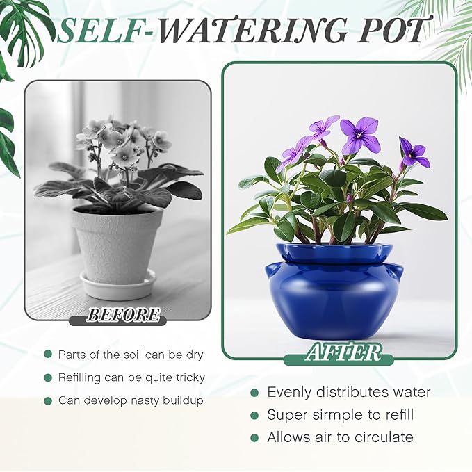 4 Sets African Violet Pots 6 Inch Self Watering Pot for Indoor Ceramic Self Watering Planter for Flower Lovers Ideal Plant Pot Thriving Flower Maintenance