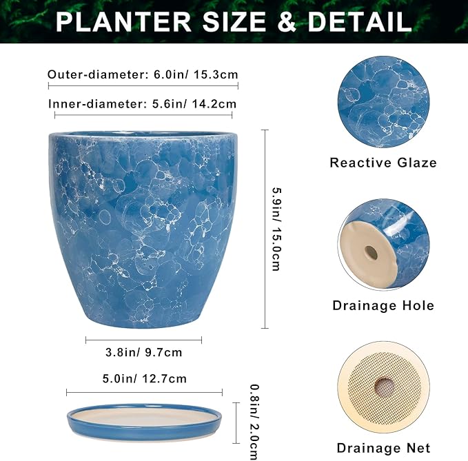 6 Inch Ceramic Plant Pot - Ceramic Planters with Drainage Hole and Saucer, Round Decorative Planter, Modern Planters for Indoor Outdoor Plants, Desk Office Decor, Housewarming Gifts, Blue