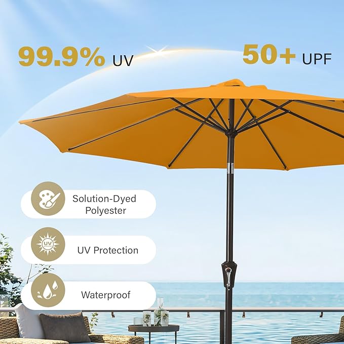 MEWAY 9ft Patio Umbrella Outdoor Table Umbrellas with Push Tilt and Crank, Market Umbrella 8 Sturdy Ribs for Deck, Garden, Pool and Backyard, Bright Orange