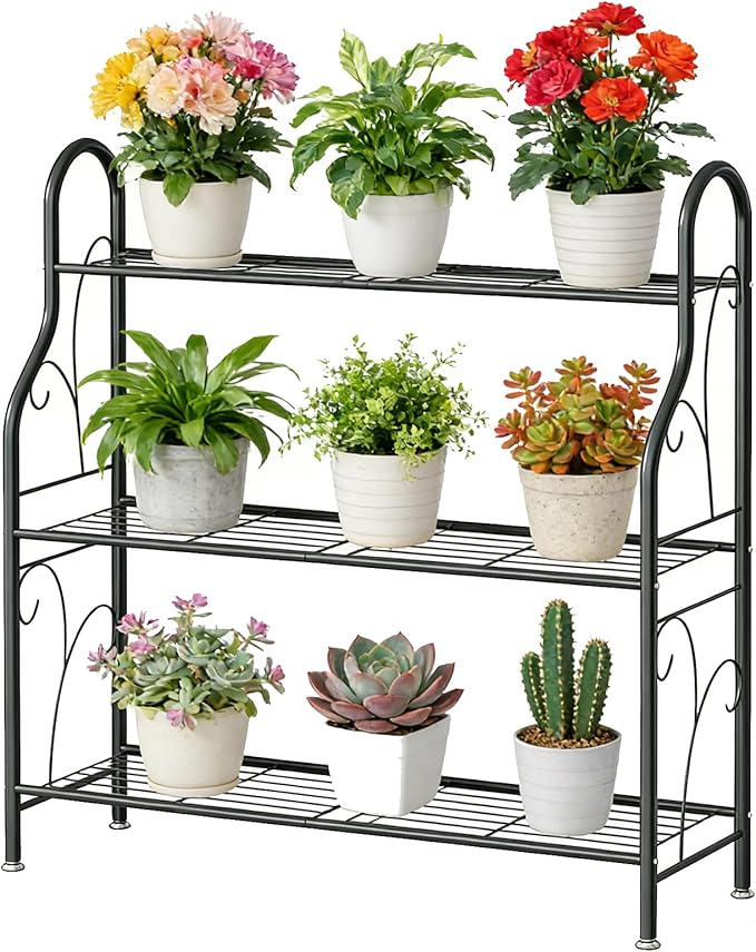 SORCEDAS Plant Stand Indoor Outdoor Plant Shelf 3 Tier Metal Corner Flower Stand Multiple Holder for Patio Garden Balcony Living Room, Dark Grey
