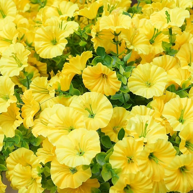 Artificial Flowers for Outdoors, UV Resistant Fake Silk Morning Glory, Realistic Faux Plants for Outside Porch Patio Window Box Hanging Planter (16, Yellow)