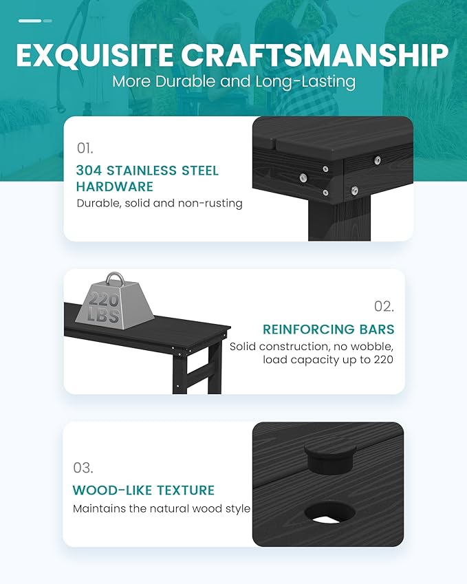 SERWALL 41" Outdoor Bar Table with 1.6" Umbrella Hole, HDPE Patio Bar Counter Height Table, All-Weather Rectangle Bar Table for Backyard, Garden, Poolside, Balcony - Black