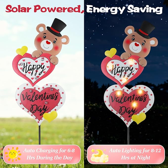 Lewondr 2 Pcs Valentine's Day Decorations Outdoor, Metal Solar Pathway Lights, Love Bear Decorative Garden Stakes Lights with 12 LED Beads, Waterproof Yard Signs for Porch Lawn Wedding Anniversary