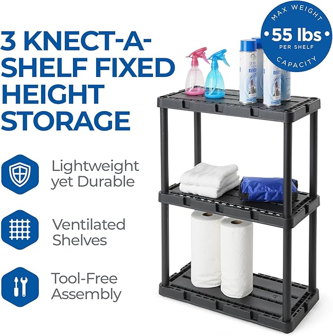 Gracious Living 3 Pack Light Duty Storage Shelves, Knect-A-Shelf 3-Shelf Ventilated Shelving Rack Organizer for Home, Garage, Basement, Laundry, Black