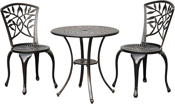 DWVO 25 Inches Round Patio Dining Table with Umbrella Hole, Antique Cast Aluminum Outdoor Bistro Table Outdoor Side Table for Backyard, Garden, Patio, Porch, Hammered Bronze