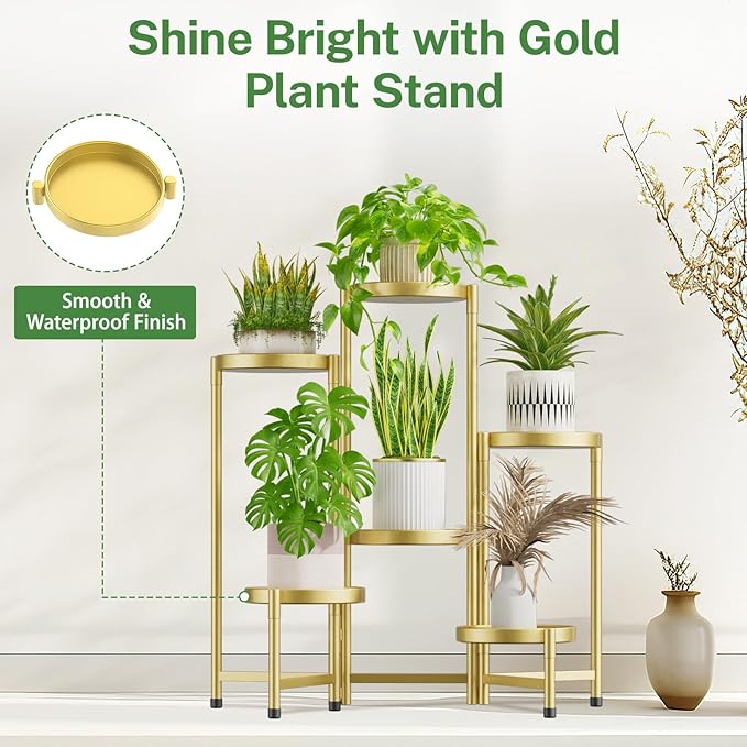 iDavosic.ly Plant Stand Indoor Outdoor, 6 Tier Corner Metal Flower Display Holder Shelf, Easy Assembly Folding Tall Orchid Rack for Patio Balcony Porch Garden Living Room House, Gold
