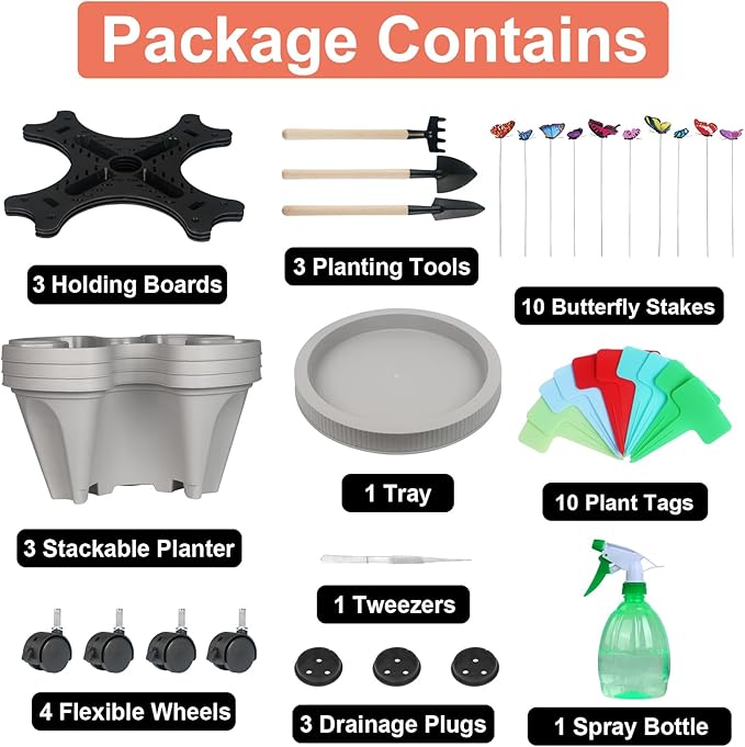 Vertical Planter 3 Tier Stackable Planters Garden Planters Strawberry Herb Flower and Vegetable Planter Indoor Outdoor Gardening Pots with Removable Wheels and Tools