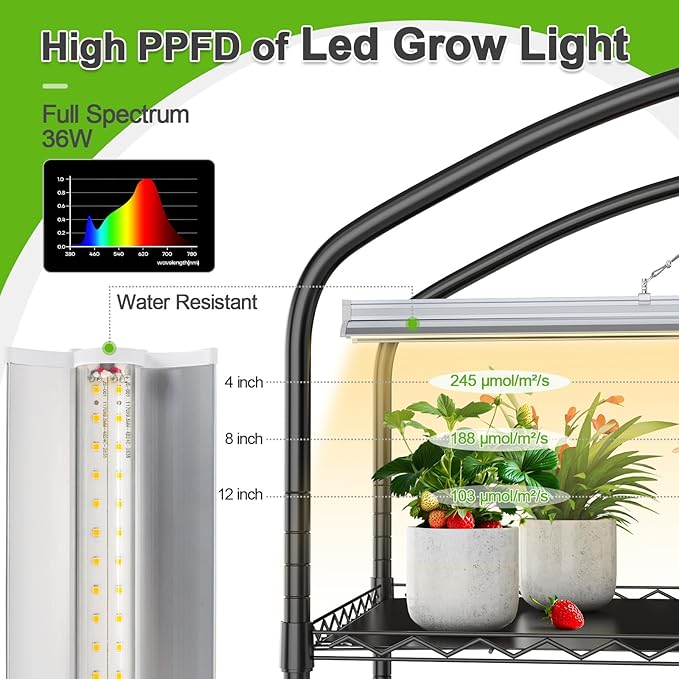 Abimars 5-Tier Greenhouse with Grow Light, Shelf Height Adjustable Metal Plant Shelf with PVC Cover and Wheels, Includes 5-Pack 2900K Full Spectrum Plant Lights, 21x60x80inch