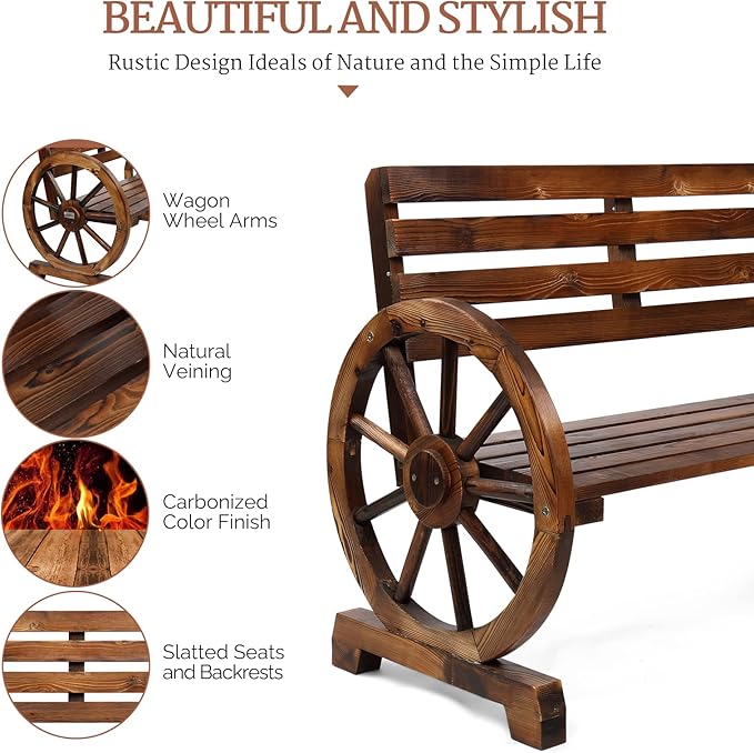 VINGLI Rustic Wooden Wheel Bench Outdoor Bench, Patio Bench Wagon Slatted Seat, Garden Benches for Outdoors 350lbs High Capacity, Weather Resistance (Rustic, 41in)
