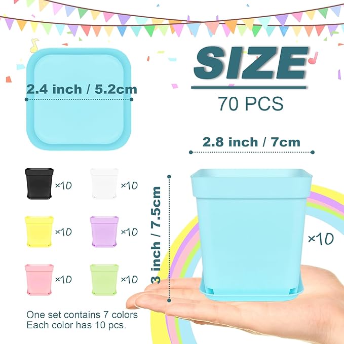 Anyumocz 70 PCS 3" Colorful Plastic Plant Pots,Plastic Square Nursery Pot,Seedling Nursery Pots with Saucers for Indoor Outdoor Plants,Garden,Flower,Home,Office,Balcony Decor