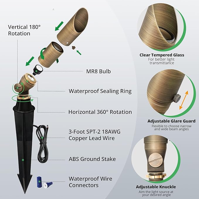 GKOLED Low Voltage Solid Brass LED Spotlight, Outdoor Waterproof Landscape Lighting with MR8 Bulb, Adjustable Uplights with Stake for House Garden Trees Lawn Patio Yard Fence, 3W 12V 180LM 2700K