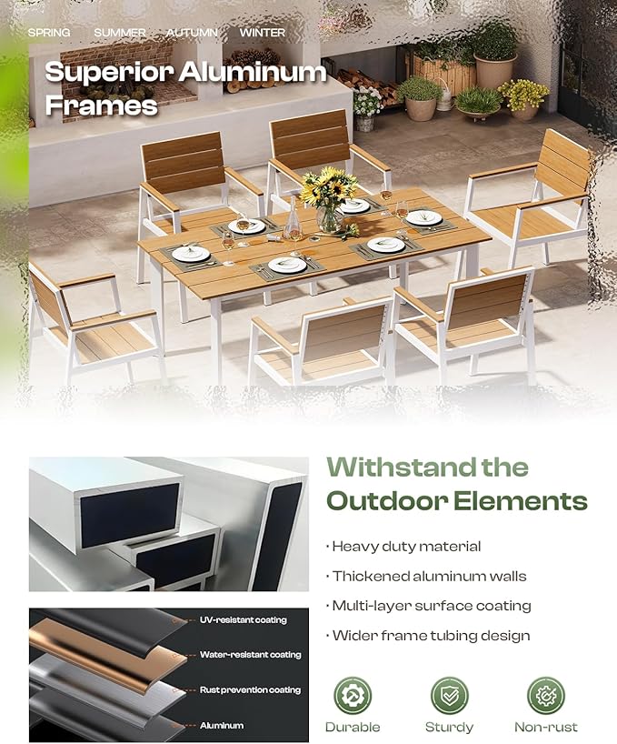 Aluminum Outdoor Dining Set for 6, Patio Table and Chairs Set with Umbrella Hole, 7 Pieces HDPS Outdoor Furniture Sets for Patio, Garden (White & Teak)