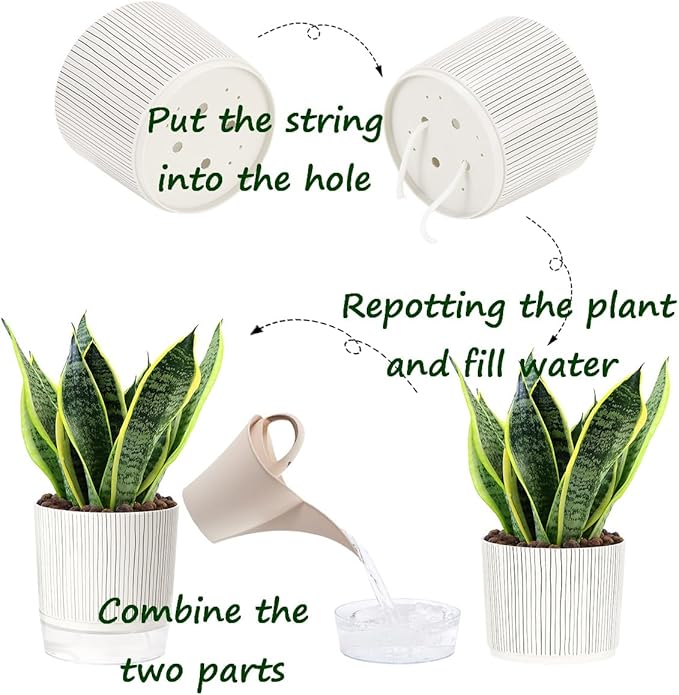 Self Watering Pots for Indoor Plants, 6 & 5 & 4 Inch Stylish Flower Pots, Set of 3 Modern Planters with Self-Watering Feature (Black Stripes)