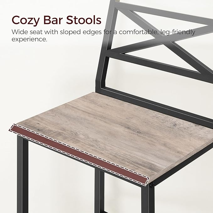 Bar Stools, Set of 2 Bar Chairs with Backrest and Footrest, 26" Tall Counter Bar Stools, Kitchen Breakfast Bar Chairs, Easy Assembly, for Dining Room, Greige BAHG0901N3