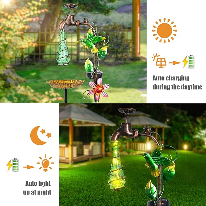 Bshine Solar Garden Decoration Outdoor Light - Waterdrop Metal Hummingbird Solar Stake,Waterproof Garden Decor Path,Lawn and Yard Art Gift for Mom, Green