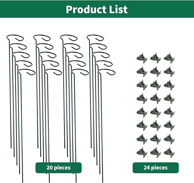 20 Pack Plant Support Stakes with 24 Pcs Plant Clips, Garden Single Stem Support Stake, Plant Cage Support Ring for Indoor Outdoor Flowers Rose Amaryllis Tomatoes Peony Lily Orchid (24 Inch)
