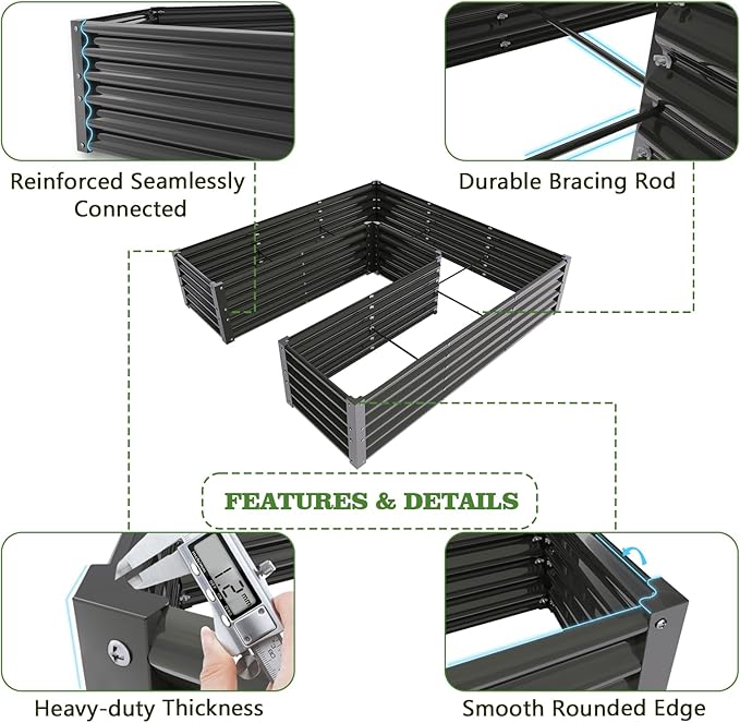 A ANLEOLIFE Set of 16, 18 Inch Tall Galvanized Raised Garden Beds Kit, Rectangular,U-Shaped & L Shaped Metal Planters – Ideal for Backyard Structured Garden Layouts, Quartz Grey