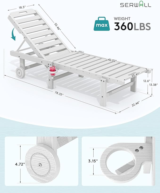 SERWALL Outdoor Chaise Lounge Set of 8, HDPE Pool Lounge Chairs with 5-Position Adjustable Backrest, Patio Loungers with Rolling Wheels & Cup Holder for Pool Sunbathing, White