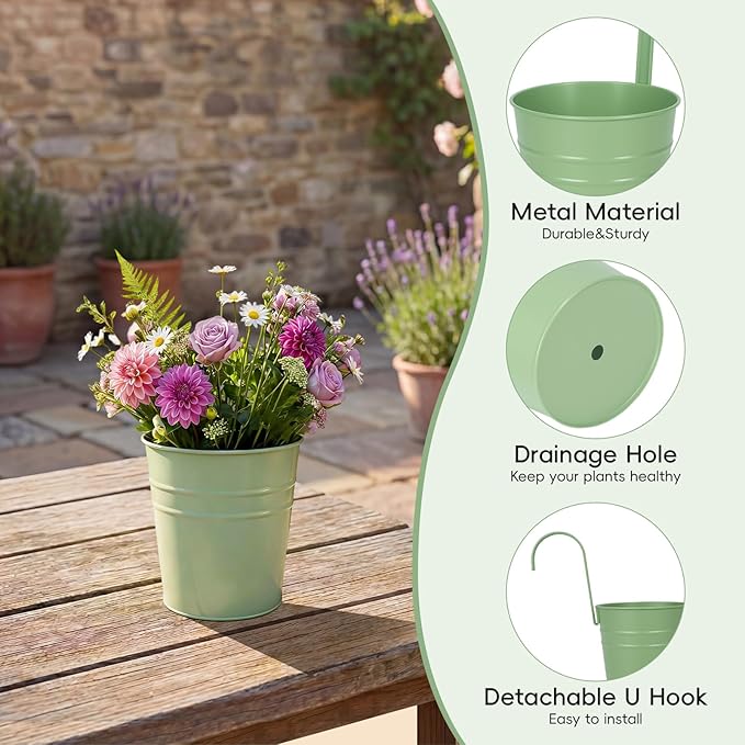 HowRU Hanging Flower Pots, Railing Planter Box for Outdoor Plants 12 Pack 5 Inch Metal Hanging Planters with Detachable Hooks Balcony Window Fence Garden Decoration Flower Boxes (Green)
