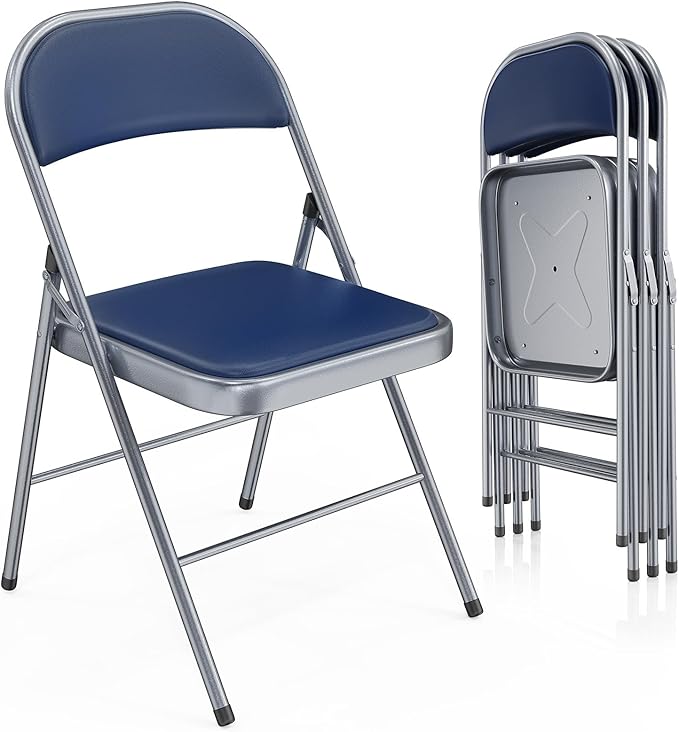 VINGLI 4 Pack Folding Chairs with Padded Seats, Metal Frame with Pu Leather Seat & Back, Capacity 350 lbs, Blue