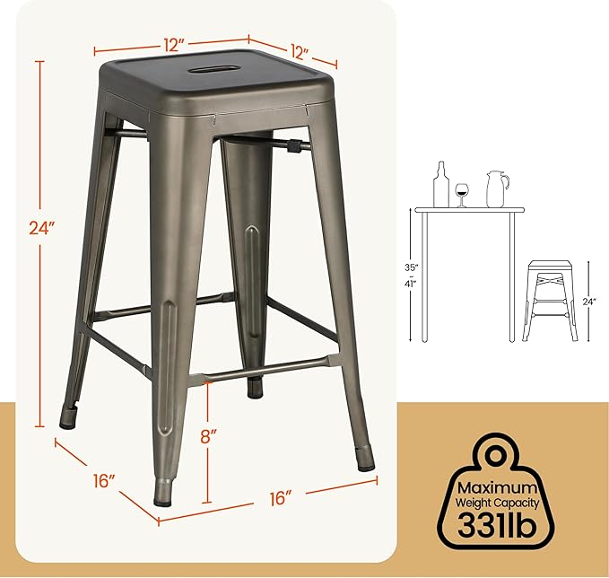 Yaheetech 24 Inch Metal Barstools Set of 4, Counter Height Backless Stools, Industrial Stackable Bar Chairs with Footrest for Kitchen/Dining Room/Bistro/Patio, Metal