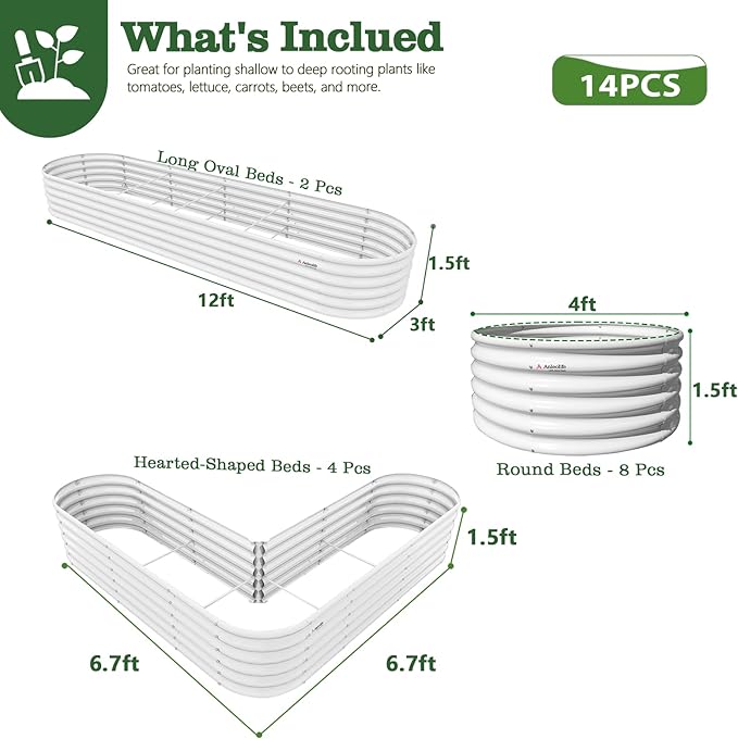 A ANLEOLIFE Set of 14, 18 Inch Tall Raised Garden Beds Kit, Heart-Shaped, Large Oval & Round Metal Planters – Ideal for Backyard Vegetables Flowers Herbs, Antique White