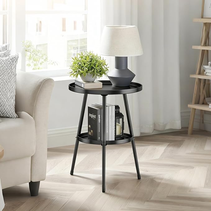 Side Table 2-Tier Small Round End Table Metal Black Accent Table for Small Spaces Indoor Outdoor Living Room Bedroom Balcony Office.