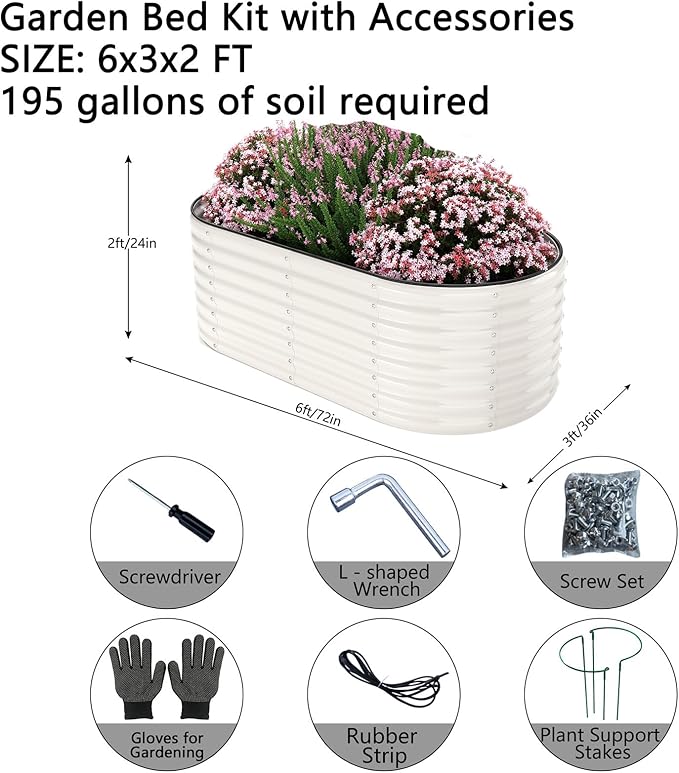 Galvanized Metal Planter Round Raised Garden Bed Kit for Gardening Outdoor Garden Box Raised Flower Bed 1PC White 6X3X2FT