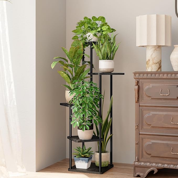 Bamworld Black Plant Stand Indoor 5 Tier Plant Shelf for Multiple Plants Corner Flower Stand Metal Wood Plant Table for Patio Garden Balcony Living Room Bedroom