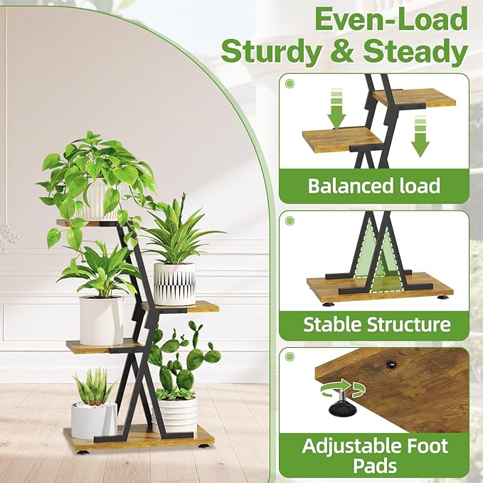 iDavosic.ly 3 Tier Indoor Plant Stand, Corner Tall Metal & Wood Flower Shelf, Orchid Display Rack for Living Room Balcony Patio Porch, Space Saving & Multifunctional Display, Black & Brown