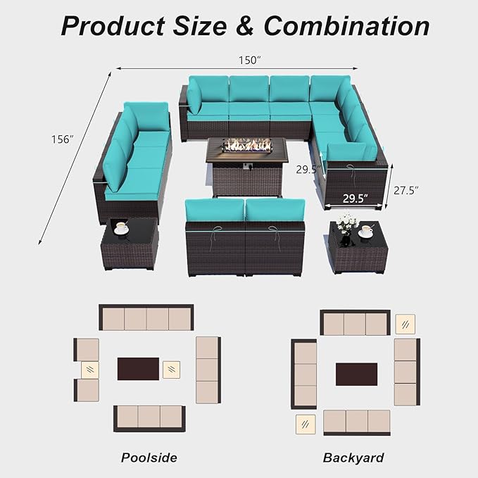 ALAULM Patio Furniture Set with Fire Pit Table 55000 BTU, Outdoor Sectional with Wide Seat and Thick Cushion, 15 Piece Wicker Rattan Conversation Set with Coffee Table for Garden, Deck, Turquoise