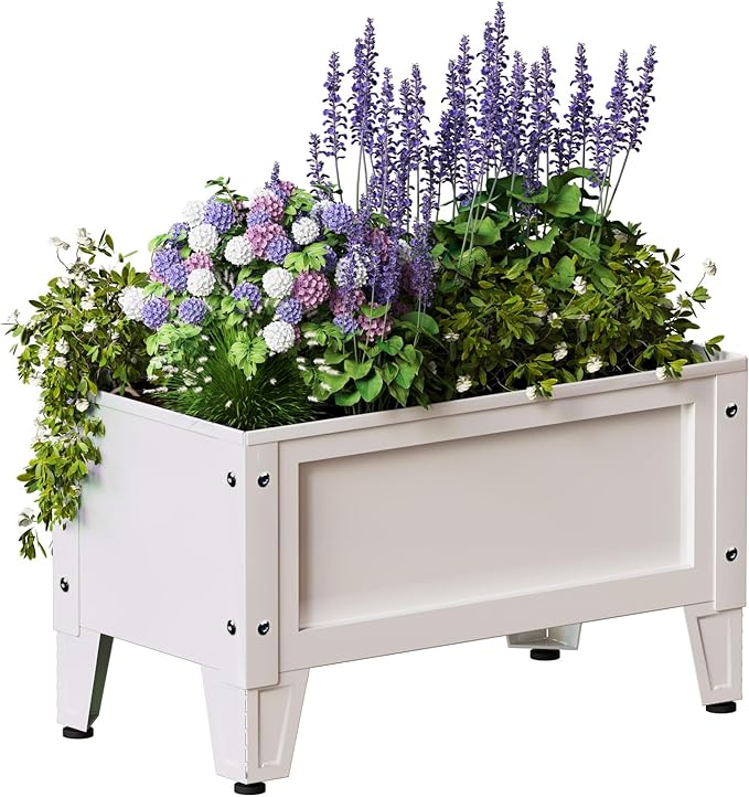 Elevated Metal Planter Box Stand Heavy Duty Raised Garden Bed for Vegetables Flowers Herbs Indoor Outdoor Use, White