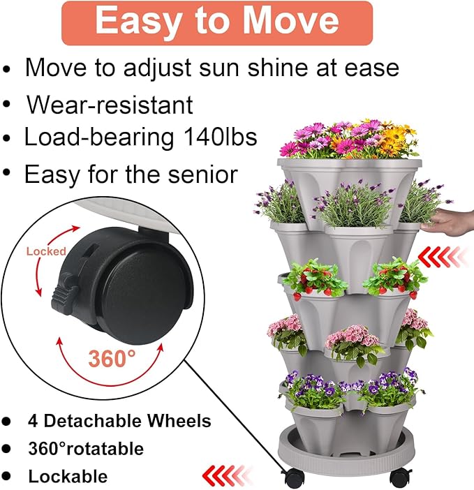 GameXcel Vertical Planter 5 Tier Stackable Planters Garden Planters Strawberry Herb Flower and Vegetable Planter Indoor Outdoor Gardening Pots with Removable Wheels and Tools - Gray