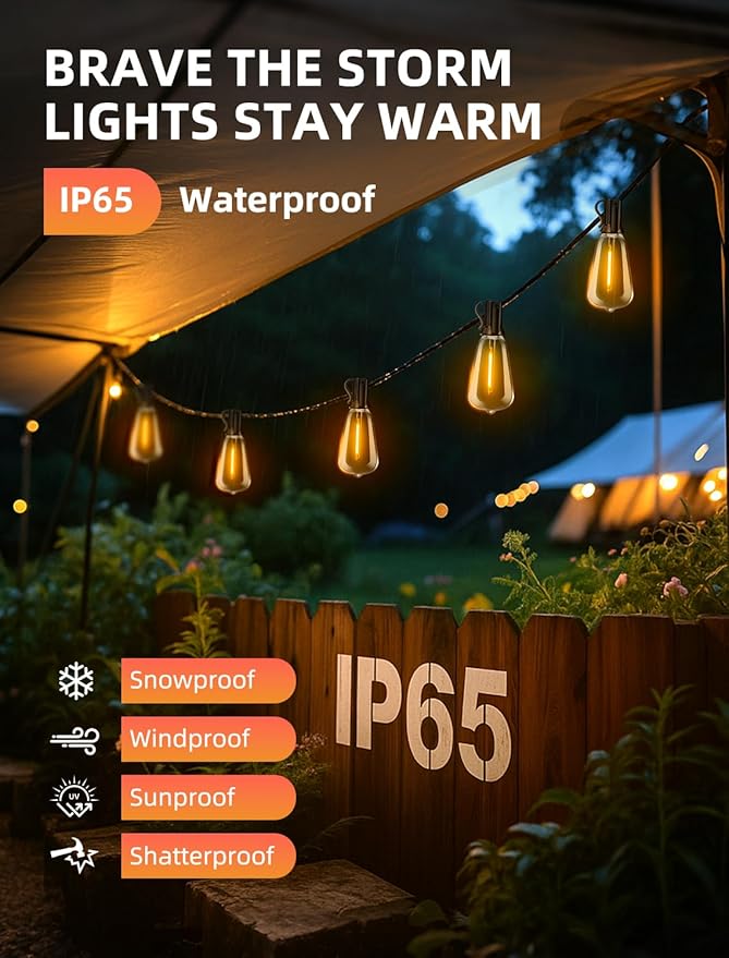 Outdoor Patio String Lights 50ft: ST38 LED Shatterproof Bulbs 3 Modes Button Control - Waterproof Connectable Lights - Wedding Bistro Party Backyard Gazebo Decorative