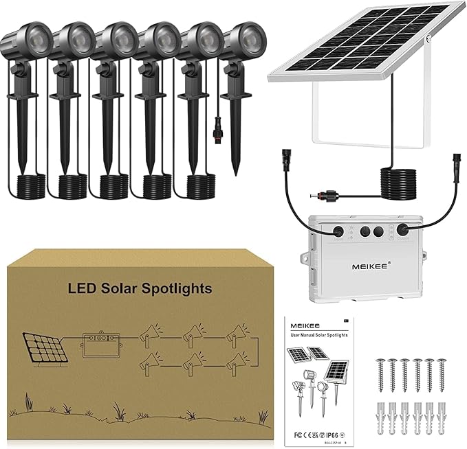 MEIKEE 6 in 1 Solar Spotlights Outdoor, 6W/6V Solar Powered Landscape Lights IP66 Waterproof Auto On/Off Landscape Spotlights with 3 Colors 56ft Cord for Garden Path Yard Patio Light