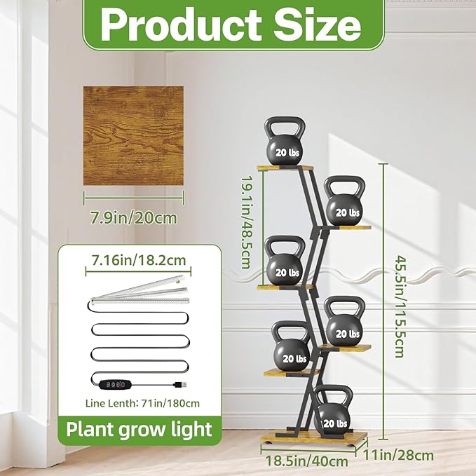 iDavosic.ly 5 Tier Indoor Plant Stand with Grow Light, Corner Tall Metal & Wood Flower Shelf, Orchid Display Rack for Living Room Balcony, Space Saving & Multifunctional Display, Black & Brown