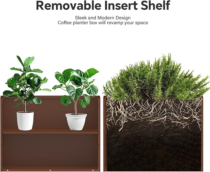 Galvanized Steel Planter Box with Removable Insert Shelf - 32x12x24 Inches Tall Planters for Outdoor&Indoor, Coffee