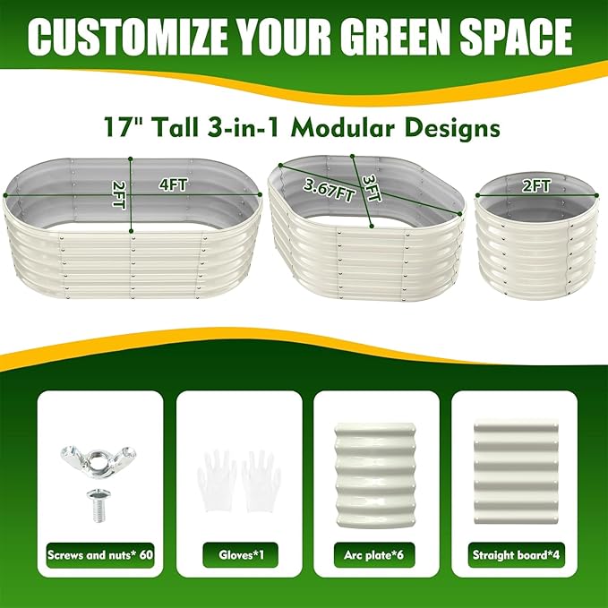 17" Tall Elevated Oval Metal Raised Garden Bed - 4ft x 2ft in Size and 0.8MM Thick Durable Planter Bed/Box for Vegetables Flowers Succulent at Patio/Garden Outdoor (White, 4X2X1.4 FT)