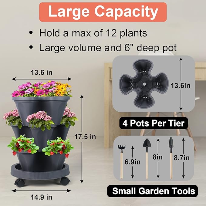 DUNCHATY Stackable Planter, Vertical Garden Planter with Wheels and Tools, Self Watering Strawberry Planter Indoor/Outdoor 3 Tier Herb Planter Pots for Growing Vegetables and Succulents, Dark Gray