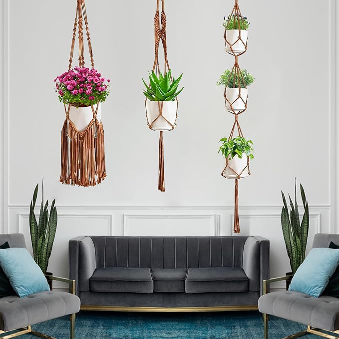 Macrame Plant Hangers, 6Pack Hanging Plant Holders Indoor w/ 6 Set Hooks Handmade Cotton Rope Plant Hangers Set Flower Pots Holder Stand Boho Home Decor Hanging Planters for Indoor Outdoor Plants